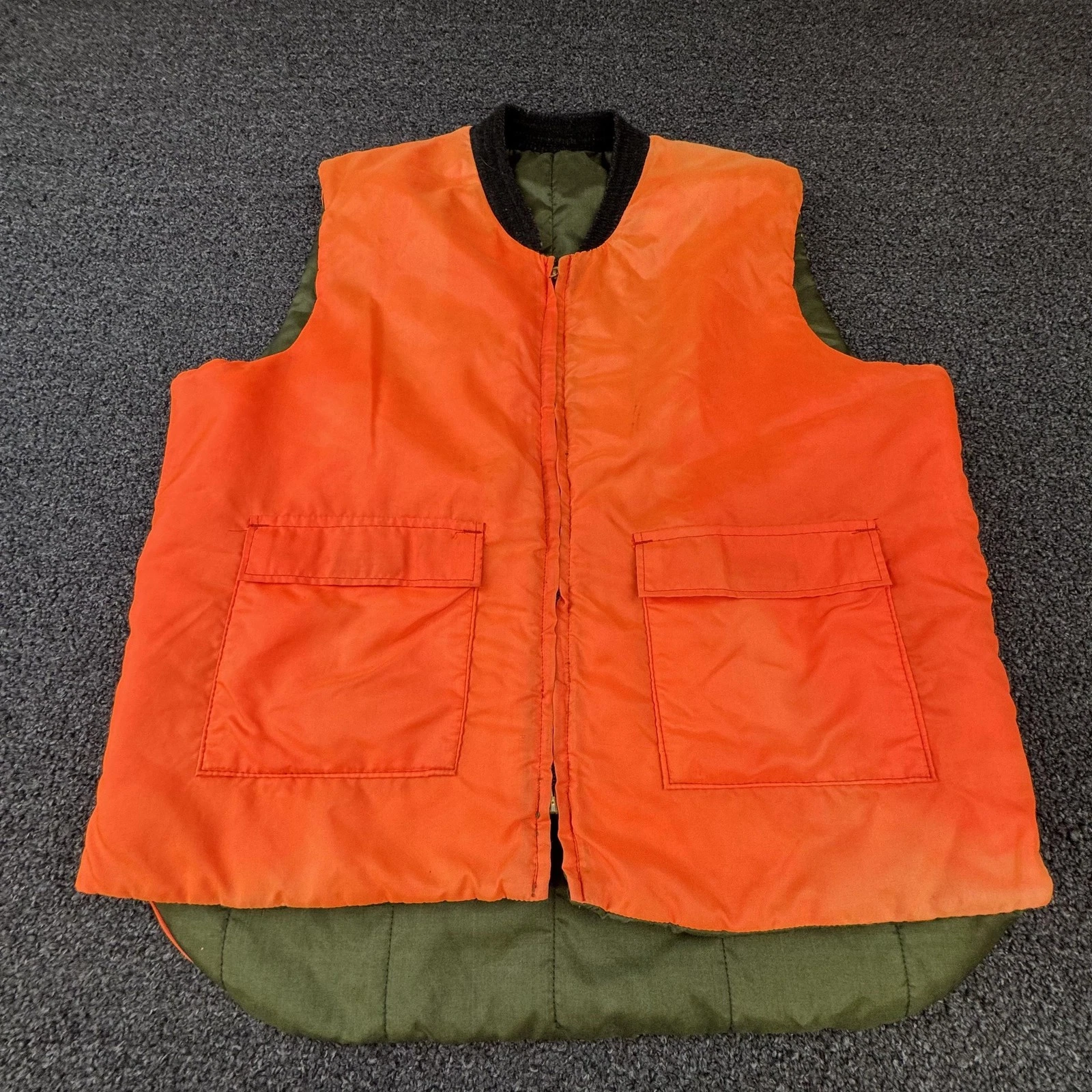 Vintage Sears Hunting Vest Mens L Orange Quilted Insulated Reversible Full Zip