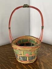 Vintage 1950's/60's Wooden Wicker Pink Green Blue Splints Easter Basket Oval