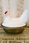 Vintage Westmoreland Hen On Nest Candy Dish Milk Glass Top & Green Glass Nest