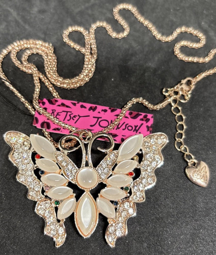 Betsey Johnson Large Opals And Crystals Gold BUTTERFLY Pendant NECKLACE NWT