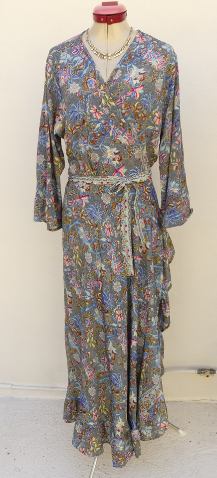 CIENNA Grey Blue Floral Wrap Maxi DRESS Size XL Aus 16 Adjustable Boho Pink