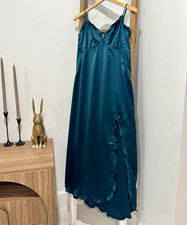 Max Studio London Womens L Teal Satin Maxi Dress Ruffle Slit Smocked Back