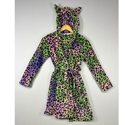 Y2K Neon Topgirl Girls Size 12 Multicolor Leopard Print Hooded Robe Cat Ears