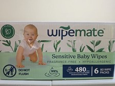 480ct Wipemate Sensitive FRAGRANCE FREE Baby Wipes 6-80 Wipe Packs