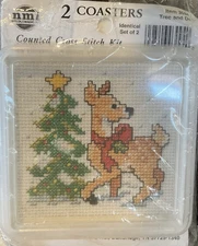 Needle Magic Inc Christmas Cross Stitch Coasters Tree And Deer #3094 New Set/2