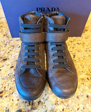 PRADA Men s Brown Leather High-Top Sneakers L...