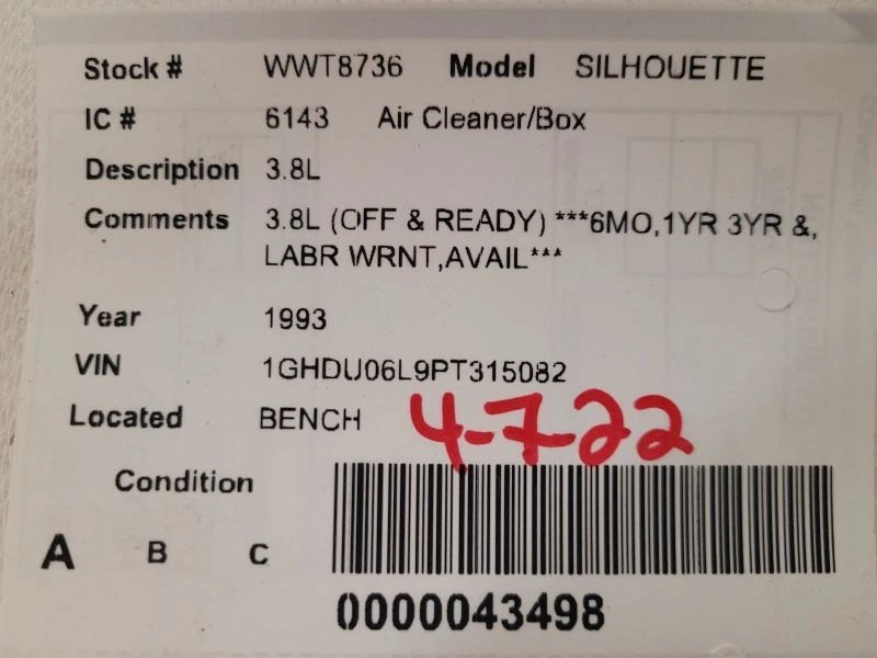 Limpiador de aire 3,8 L EE. UU. Se adapta a furgoneta 93-95 Lumina 1540695 Foto 3 de 3