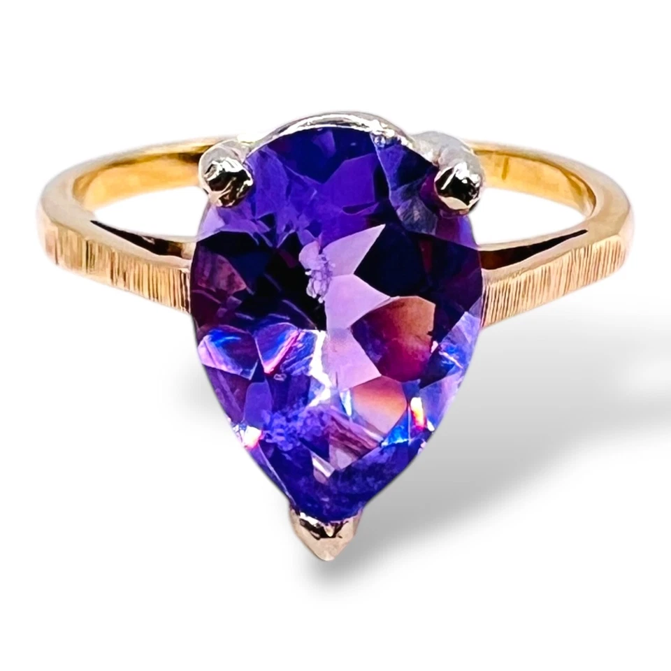 Anillo de cóctel de oro amarillo de 14k corte pera amatista 2,35 g TALLA 7 Foto 2 de 4
