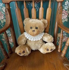 SUPER CUTE VINTAGE 8" SOFT PLUSH STUFFED TEDDY BEAR WITH ANTIQUE LACE COLLAR