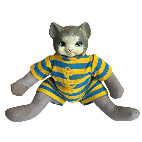 Vintage Porcelain Head Posable Kitty Cat Hand Painted Striped Sailor Plush Body - Picture 2 of 11