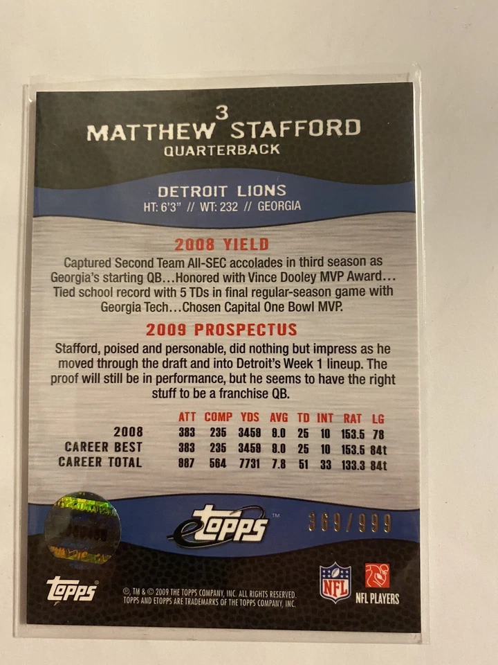 2009 Matthew Stafford eTopps голографический дебютант SP 369/999 - Изображение 3 из 3