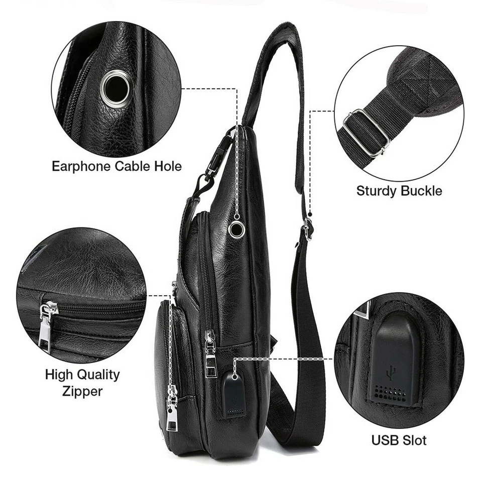 Mochila bandolera de cuero PU para hombre Riñoneras Carga USB NUEVA Foto 2 de 4