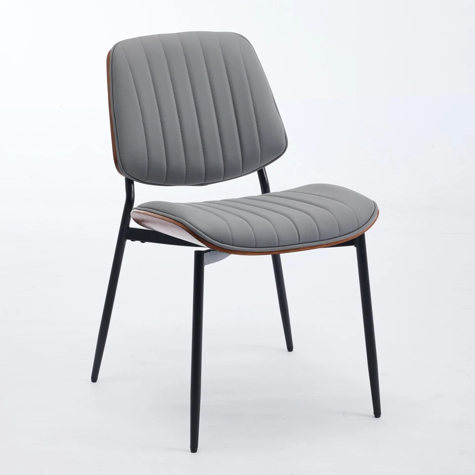 Juego de 2 sillas de comedor de cocina gris imitación cuero nogal madera curvada respaldo patas de metal Foto 4 de 4