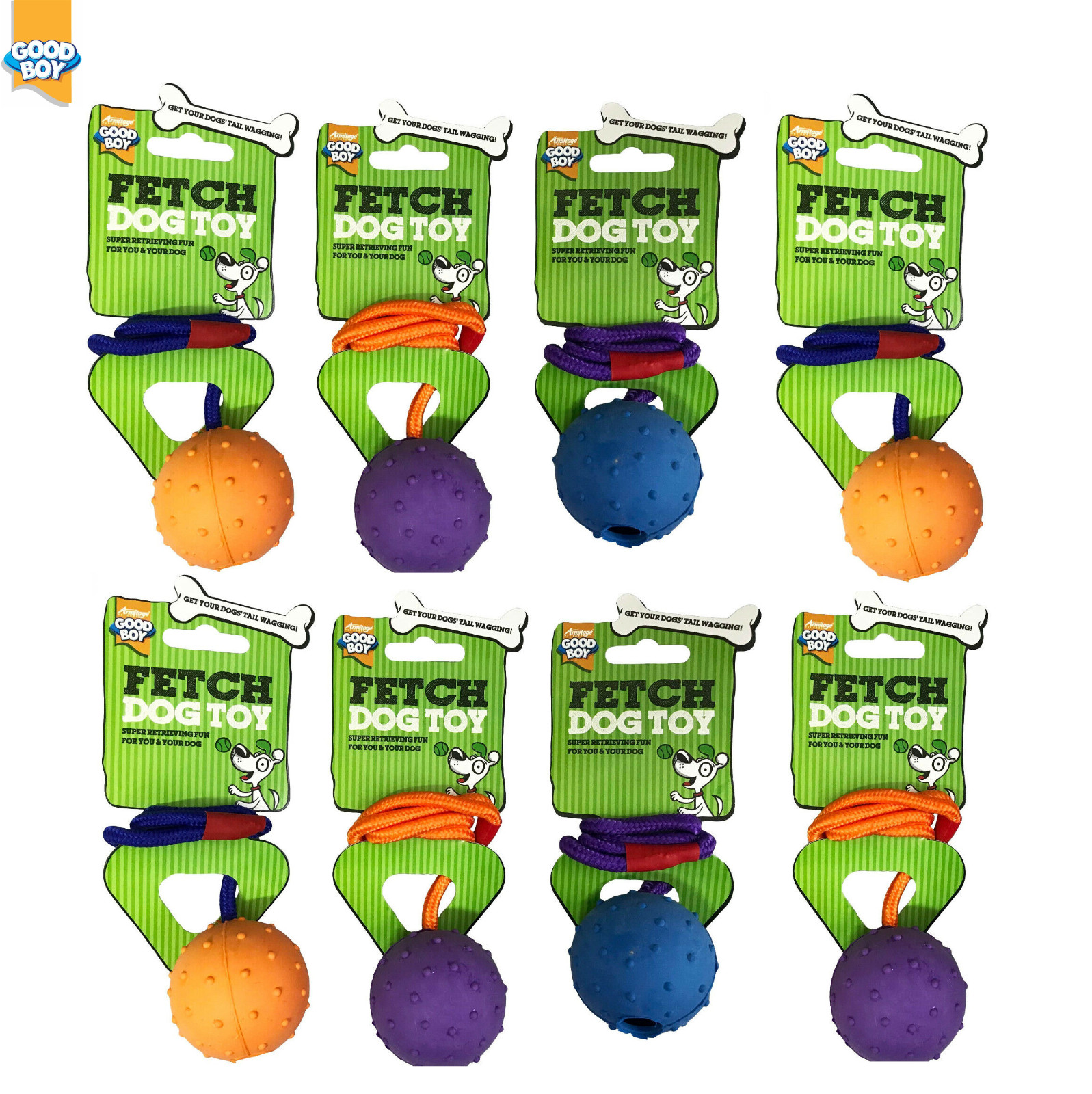 GOOD BOY FETCH DOG TOY BOUNCY PIMPLED RUBBER BALL ON ROPE THROW CASE OF 8