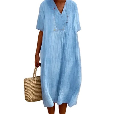 Midi Dress V-Neck Summer Beach Relaxed Fit Casual Loose Short Sleeve Kaftan  | eBay