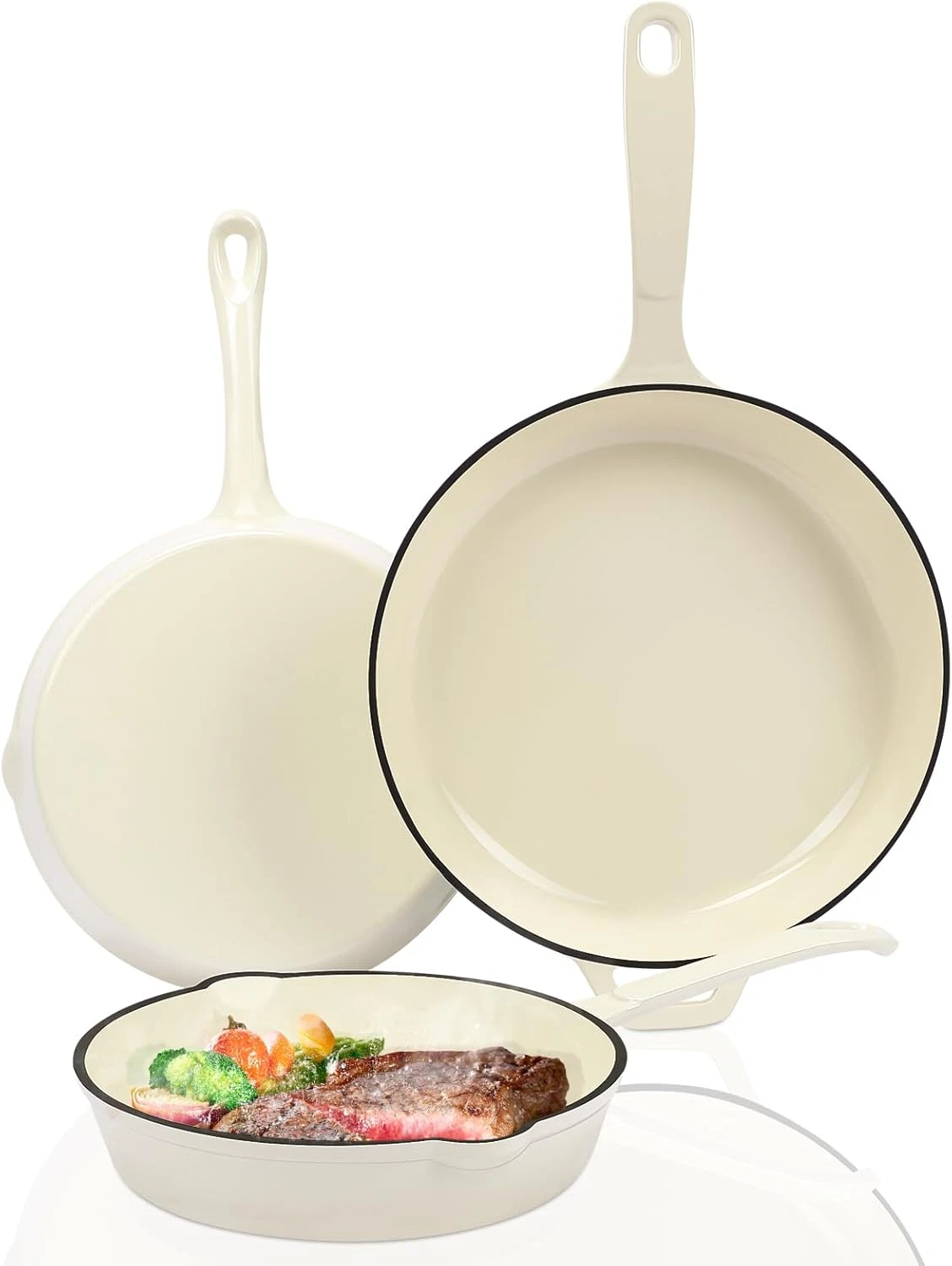 Enameled Cast Iron Skillet Set - 3 Sizes, Oven & Induction Safe, Cream White