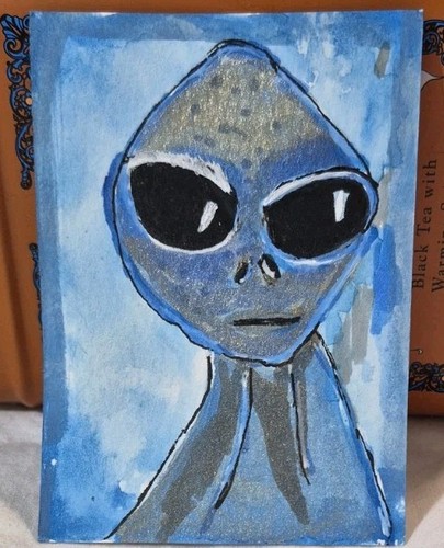 ACEO Original Watercolor & Ink "This Is Gregor The Alien",  2.5x3.5", OOAK
