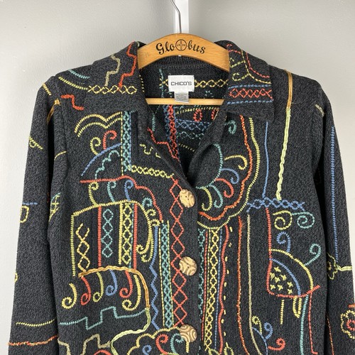 Chicos Embroidered Cardigan Sweater Size 1 Womens M/8 Gray Artsy Art to Wear VTG - Picture 5 of 7
