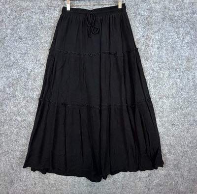 Final Touch Tiered Maxi Skirt Womens Large Black Rayon Drawstring Waist Casual