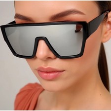 Oversized Shield Sunglasses Women Black Frame Mirrored Silver Lenses Female 2026