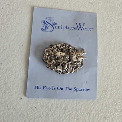 Scripture Wear Brooch Pin His Eye Is On Sparrow Luke 12: 6-7 Silver Tone
