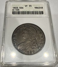 1833 Capped Bust Half Dollar 50C Silver Coin ANACS VF35 Soapbox Holder (G76)