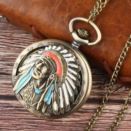 Native American Pocket Watch Gold Indian Chief Turquoise Christmas Birthday Gift - Picture 2 of 6