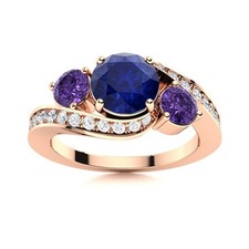 925 Sterling Silver Rose Plated Round Amethyst  Blue Sapphire Three Stone Ring