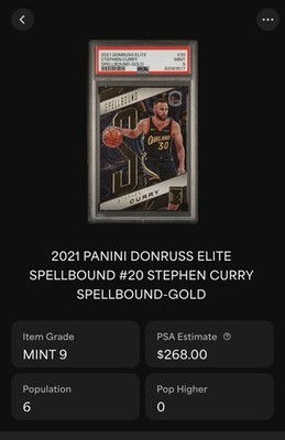 2021 Donruss Elite Stephen Curry Spellbound PSA 9 none higher /10 Gold 🔥🔥🔥