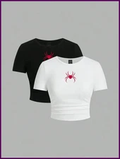 Simple Red Spider Printing Crop Tops Summer Street Fashion Women's Slim-fit