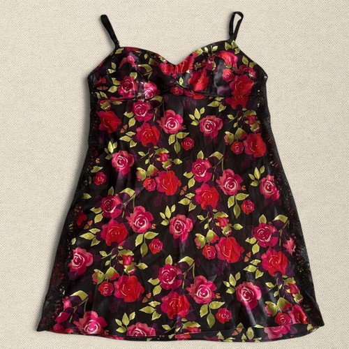 Victoria's Secret Black Floral Satin Slip Dress Sheer Lace Panels sz L