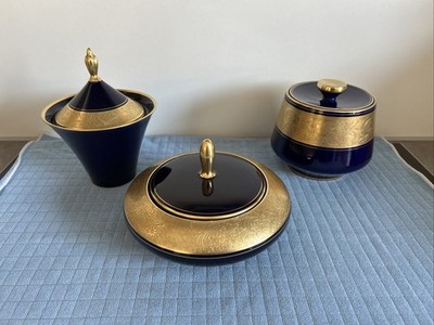 Drei Lindner Porzellan vintage Dosen echt Cobalt blau Wien Ätz Gold Borte