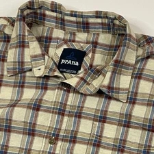 Prana Bryner Button Shirt Mens 2XL Earth Tone Plaid Organic Cotton Short Sleeve