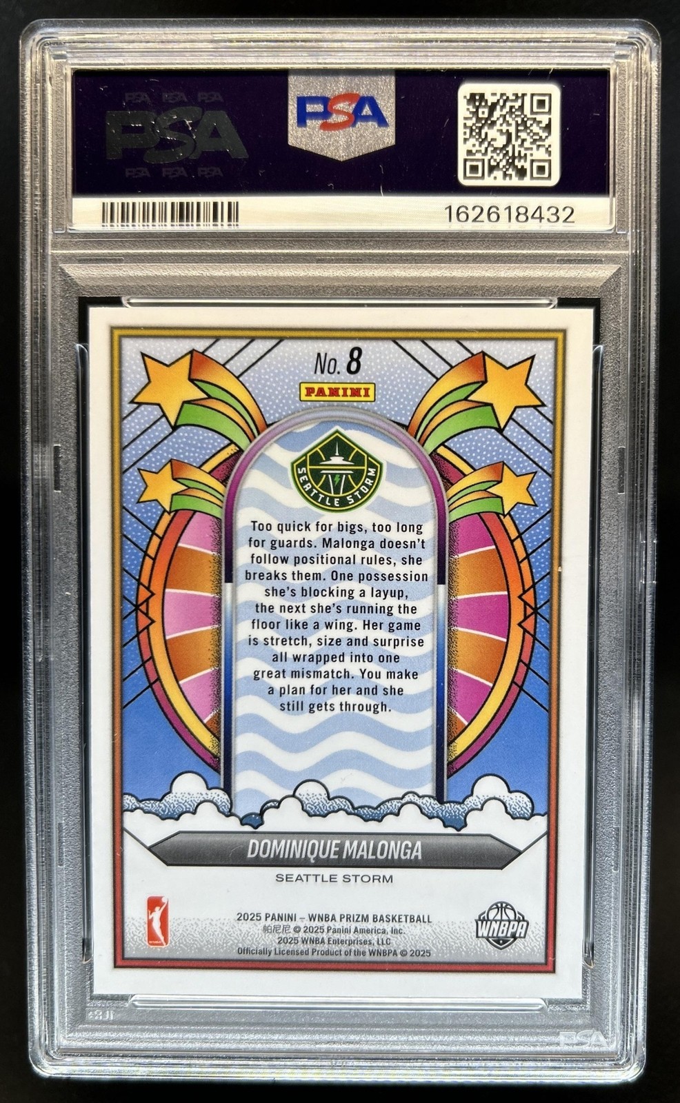 2025 Panini WNBA Prizm Dominique Malonga Groovy RC Rookie #8 Storm PSA 8 view 2