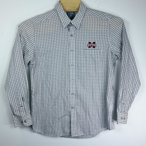 Mississippi State Bulldogs Gray Gingham Button Up Shirt Mens Large Antigua - Picture 2 of 8