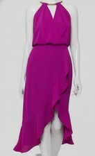 Xscape Women's Purple Crepe Halter-Neck Stretch High-Low Midi Dress Size 4