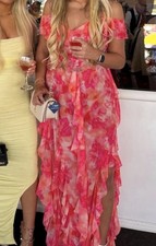 PRETTYLITTLETHING Pink Floral Off-Shoulder Sweetheart Ruffle Maxi Dress 14