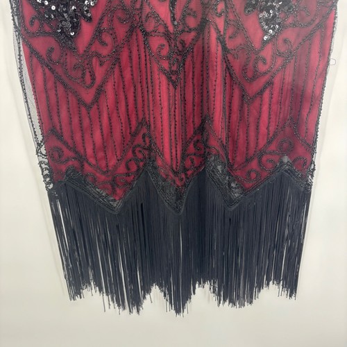 Womens Flapper Dress Burgundy Black Beaded Fringe V Neck Short Sleeve Gatsby - Picture 8 of 23