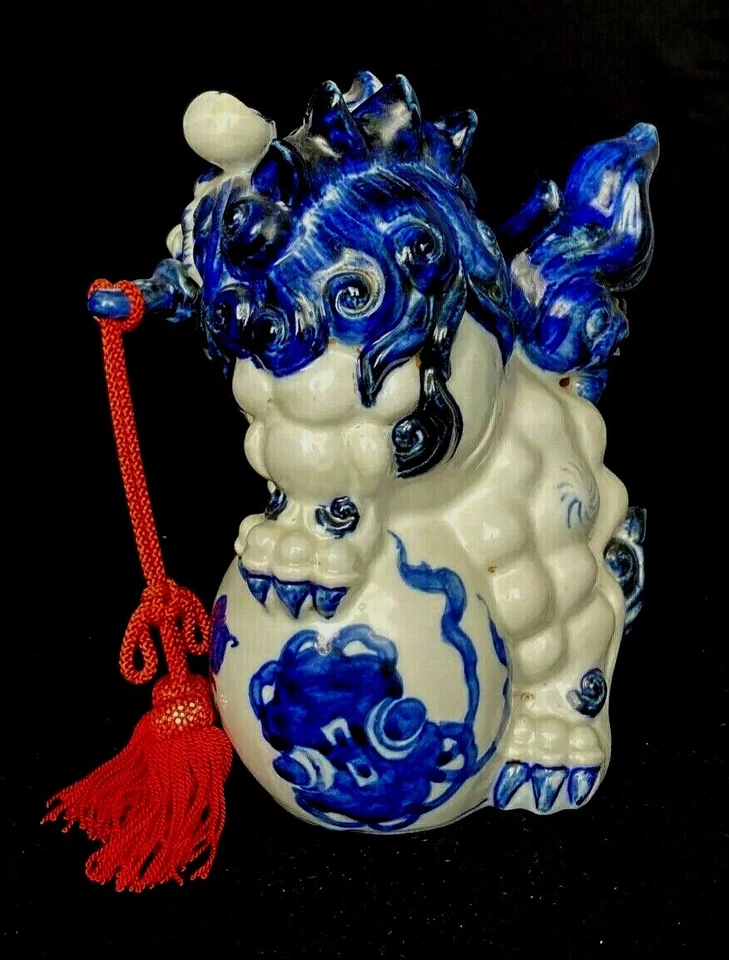 ¿Antiguo vintage/antiguo? Foo Dog chino/japonés azul sobre blanco Foto 4 de 4