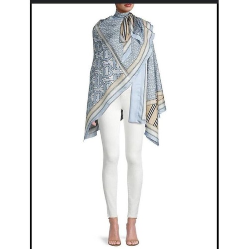 Burberry TB Monogram & Stripe Silk Cape Carf In Pale Blue One Size - Picture 2 of 8