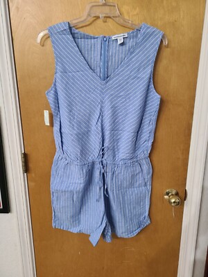 Amazon Essentials Light Blue W/White Pin Stripes Romper, LINEN, Size 12, NEW