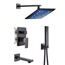 Black Rainfall Shower Faucet Set Wall Mount Luxury Tub Spout W/Hand Sprayer