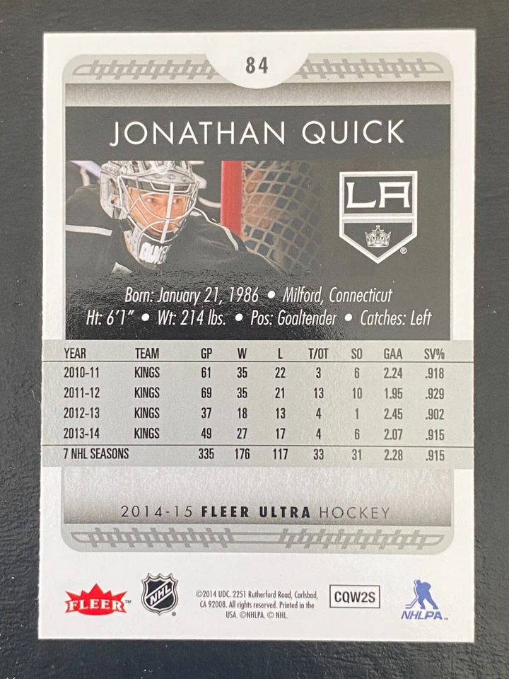 Jonathan Quick 2014-15 NHL Fleer Ultra #84 Los Angeles Kings - Image 2 of 2