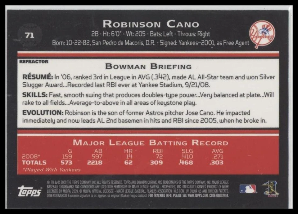 #71 Robinson Cano 2009 Bowman Chrome - Image 2 of 2