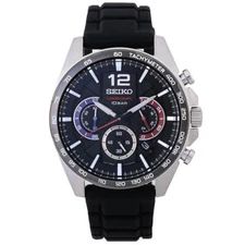 Seiko Men's Watch Chronograph Silver Tone Case Black Silicone Strap SSB347P1