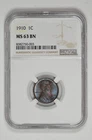 1910 1c Lincoln Wheat Cent NGC MS 63 BN with Blue Toning