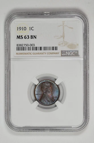 1910 1c Lincoln Wheat Cent NGC MS 63 BN with Blue Toning