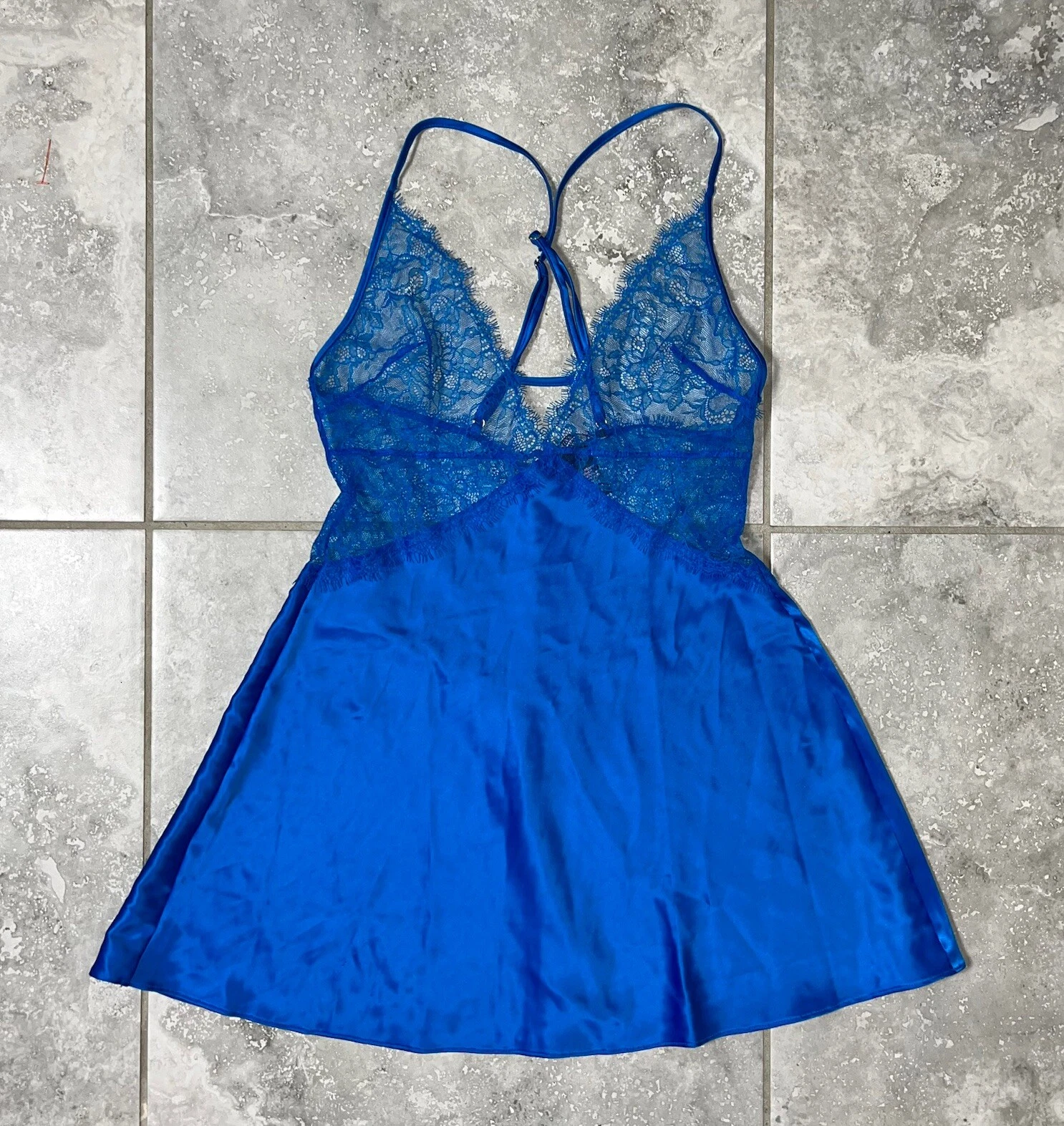 UNDERCOVER Victorias Secret Mini Abito Cami Slip Raso Liquido Pizzo Scollo V Fata Y2k Blu XS