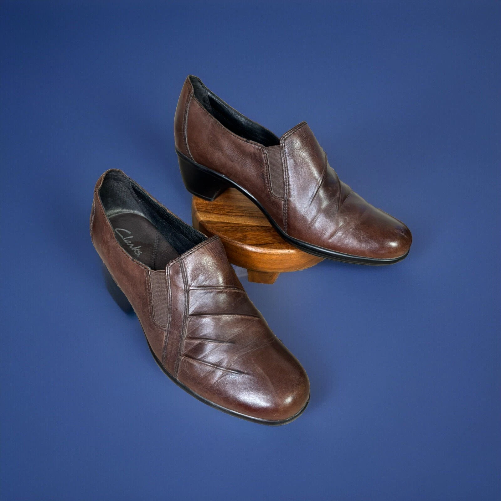 Scarpe Clarks donna 9M Partridge mocassini casual slip on pelle marrone tacco