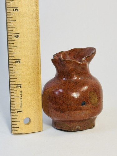 Handmade Pottery Bud Vase Rustic Reddish-Brown Glaze Pinched Top 3” - Picture 11 of 11